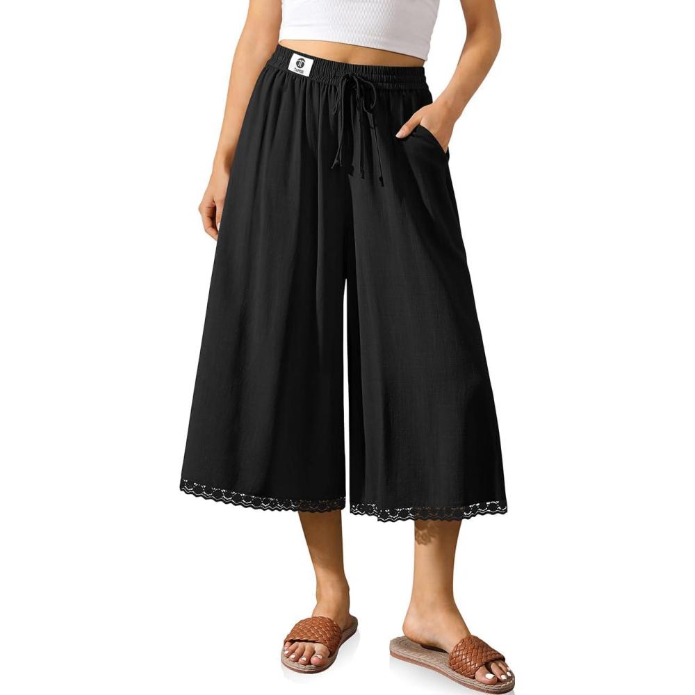image:imageTARSE Womens Linen Culottes Wide Leg Flowy Capri Pants Palazzo Casual Drawstring Summer Loose Lace Capris with PocketsBlack