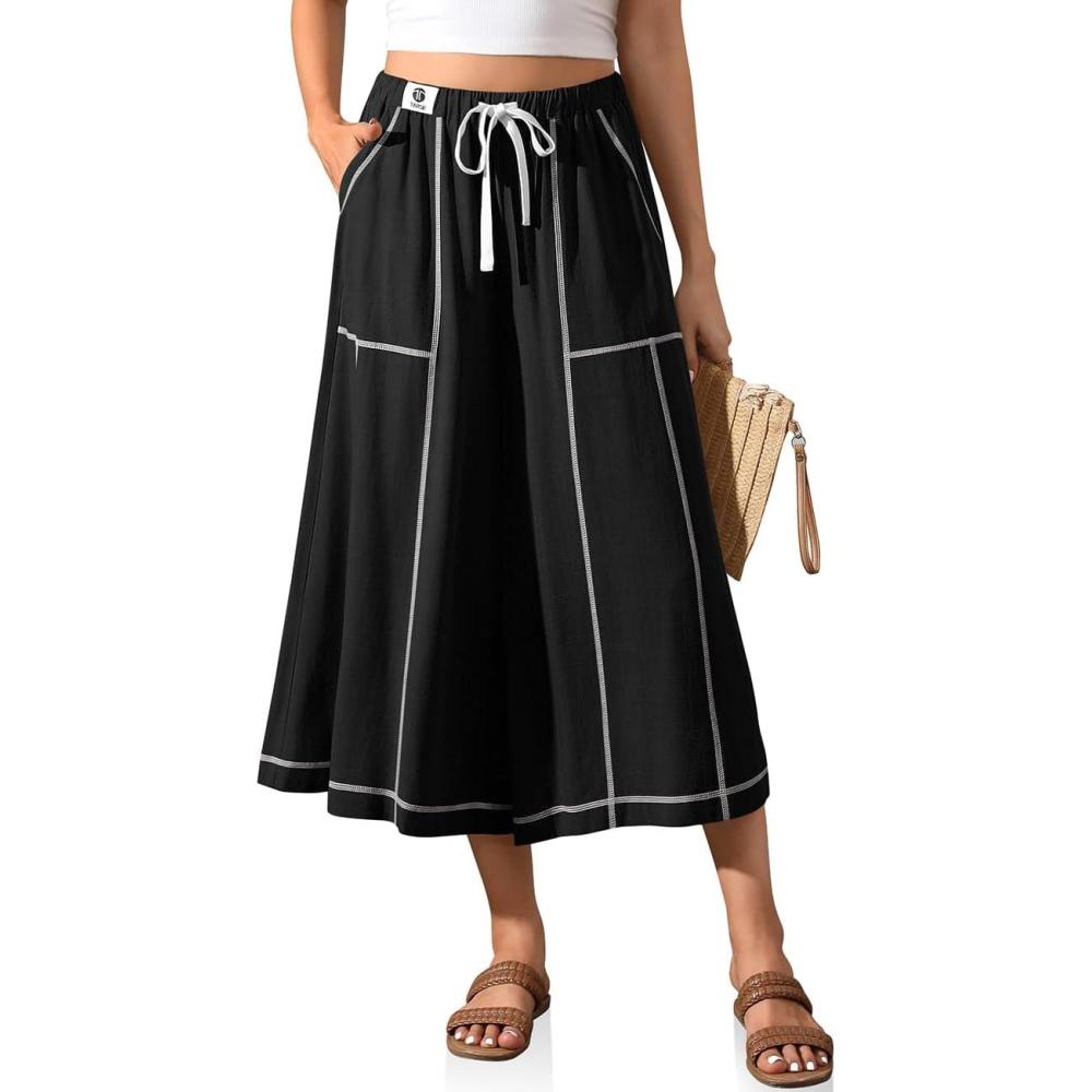 image:imageTARSE Womens Linen Skirt Pants Wide Leg Capri Culottes Boho Summer Casual Vacation Palazzo Pants with PocketBlack