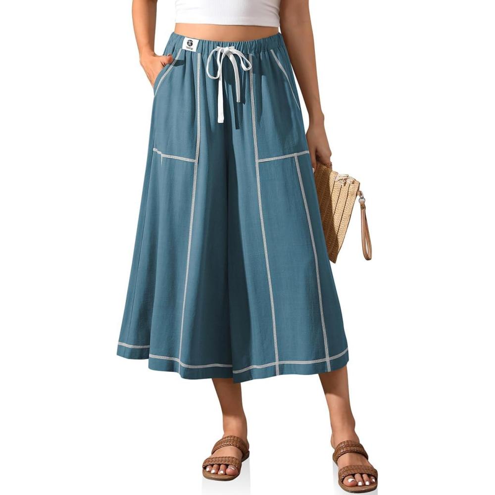 image:imageTARSE Womens Linen Skirt Pants Wide Leg Capri Culottes Boho Summer Casual Vacation Palazzo Pants with PocketLake Blue