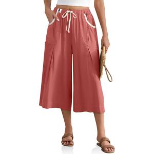 TARSE Linen Capri Pants for Women Drawstring Waist Loose Fit Casual Wide Leg Summer Beach Vacation Lounge Pants(Rust Red)