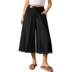 TARSE Women’s Linen Culottes Wide Leg Flowy Capri Pants Palazzo Casual Drawstring Summer Loose Lace Capris with Pockets(Black)