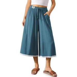 TARSE Women’s Linen Culottes Wide Leg Flowy Capri Pants Palazzo Casual Drawstring Summer Loose Lace Capris with Pockets(Lake Blue)