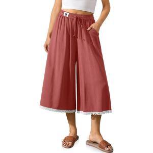 TARSE Women’s Linen Culottes Wide Leg Flowy Capri Pants Palazzo Casual Drawstring Summer Loose Lace Capris with Pockets(Rust Red)