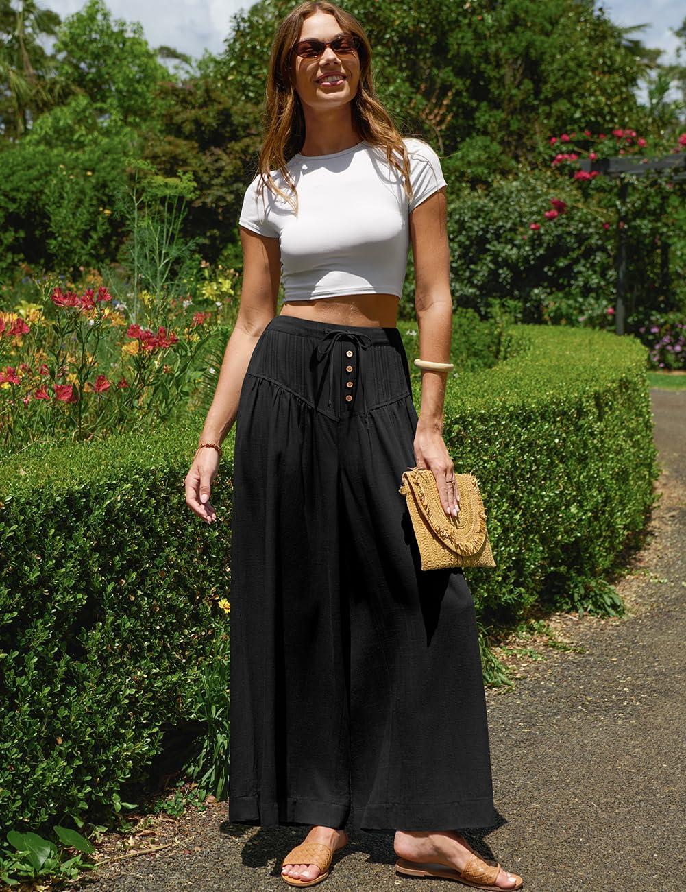 image:imageTARSE Women Linen Wide Leg Pants Palazzo High Waisted Boho Loose Casual Lounge Pant Beach Travel Vacation OutfitsBlack