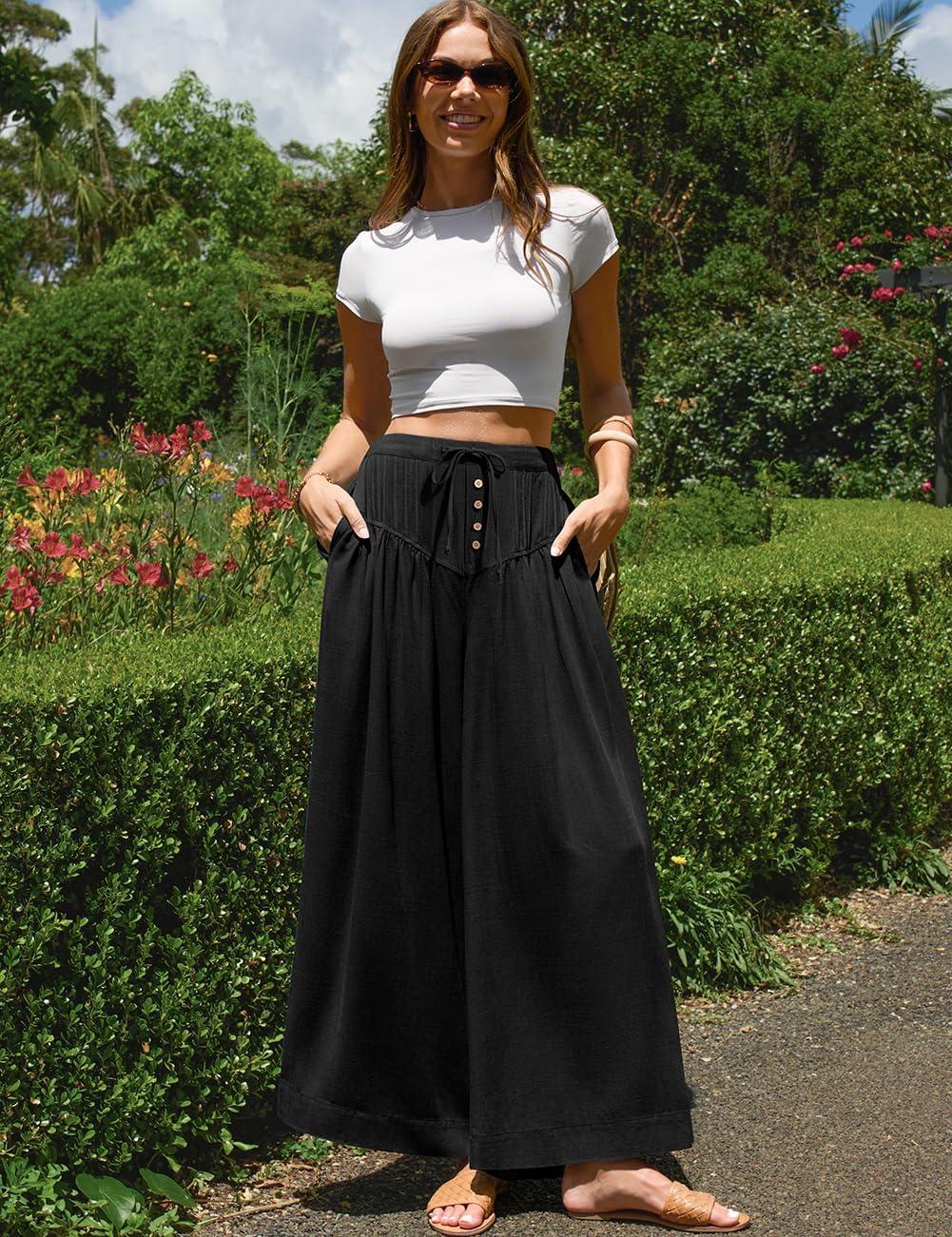 image:imageTARSE Women Linen Wide Leg Pants Palazzo High Waisted Boho Loose Casual Lounge Pant Beach Travel Vacation OutfitsBlack