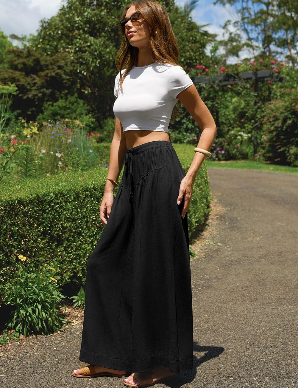 image:imageTARSE Women Linen Wide Leg Pants Palazzo High Waisted Boho Loose Casual Lounge Pant Beach Travel Vacation OutfitsBlack