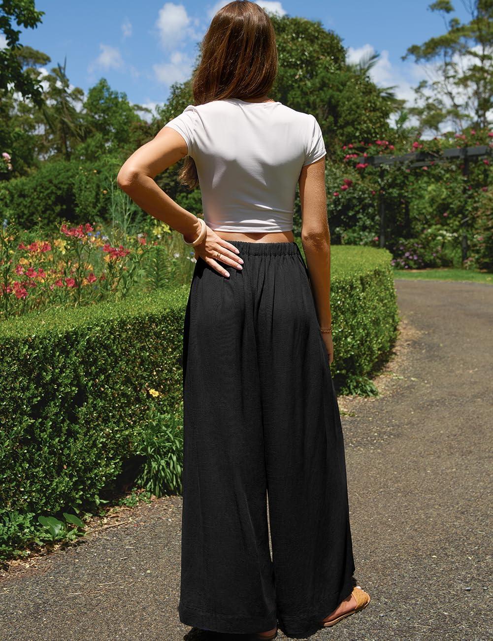 image:imageTARSE Women Linen Wide Leg Pants Palazzo High Waisted Boho Loose Casual Lounge Pant Beach Travel Vacation OutfitsBlack