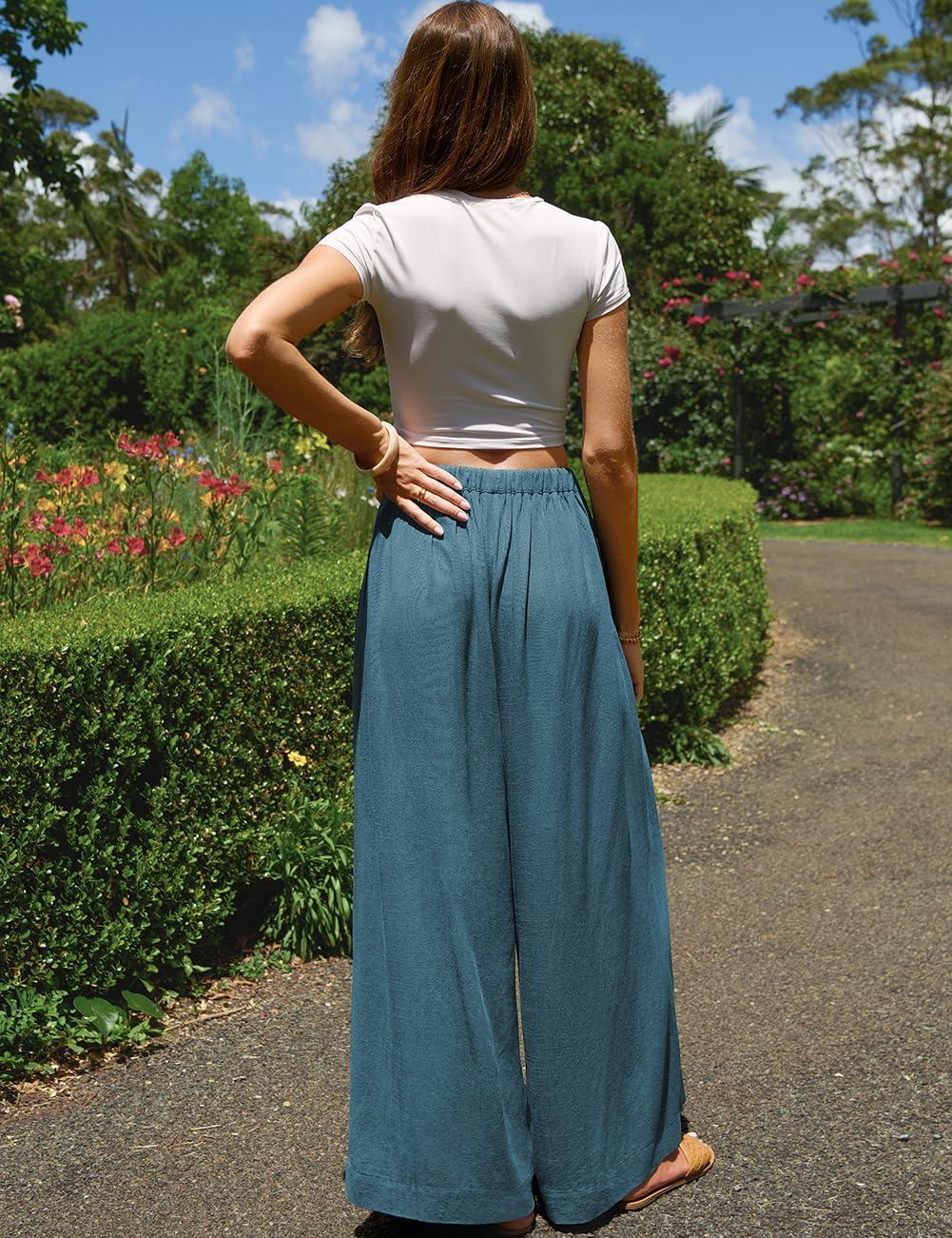image:imageTARSE Women Linen Wide Leg Pants Palazzo High Waisted Boho Loose Casual Lounge Pant Beach Travel Vacation OutfitsLakeblue