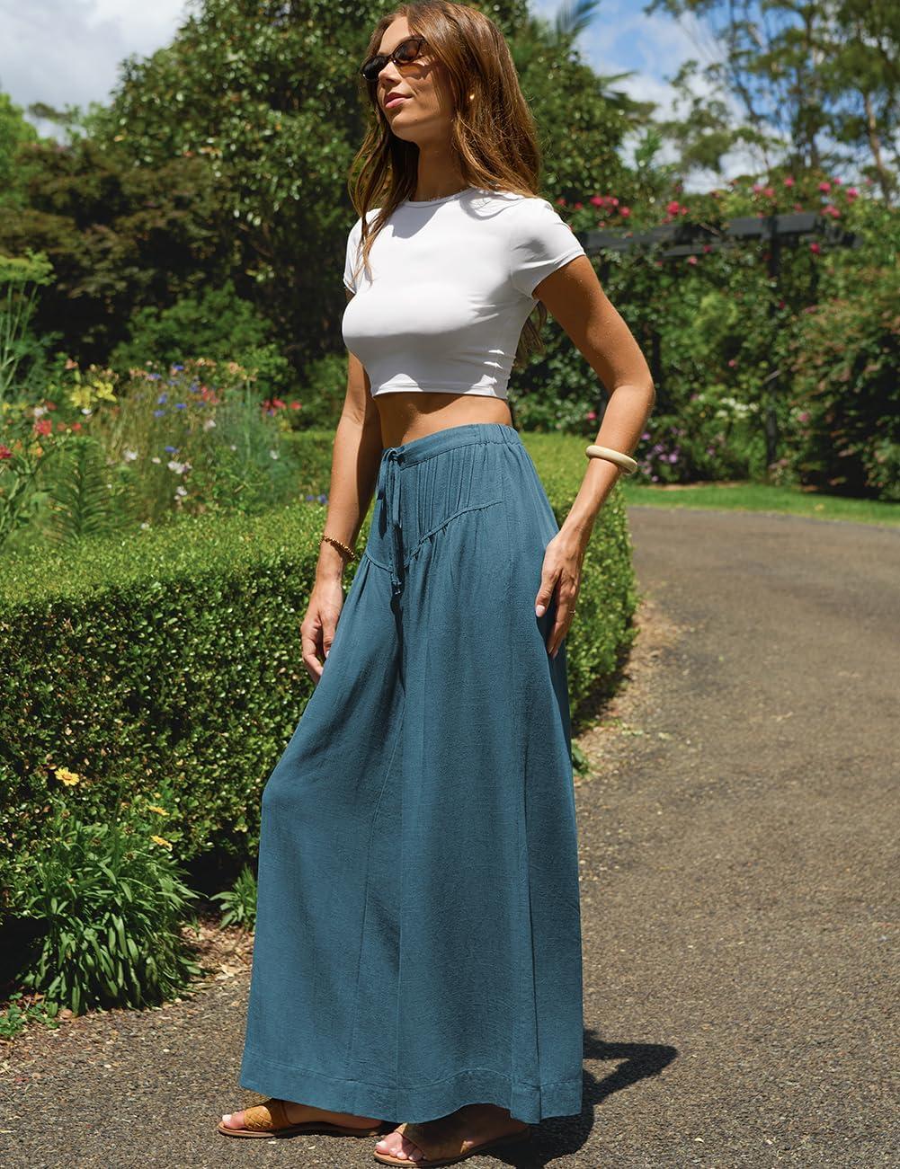 image:imageTARSE Women Linen Wide Leg Pants Palazzo High Waisted Boho Loose Casual Lounge Pant Beach Travel Vacation OutfitsLakeblue