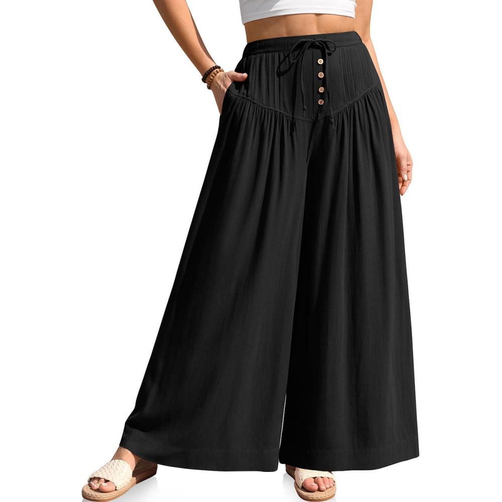 image:imageTARSE Women Linen Wide Leg Pants Palazzo High Waisted Boho Loose Casual Lounge Pant Beach Travel Vacation OutfitsBlack