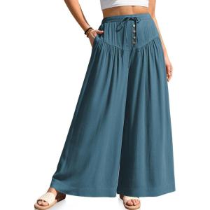 TARSE Women Linen Wide Leg Pants Palazzo High Waisted Boho Loose Casual Lounge Pant Beach Travel Vacation Outfits(Lakeblue)