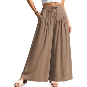 TARSE Women Linen Wide Leg Pants Palazzo High Waisted Boho Loose Casual Lounge Pant Beach Travel Vacation Outfits(Midcoffee)