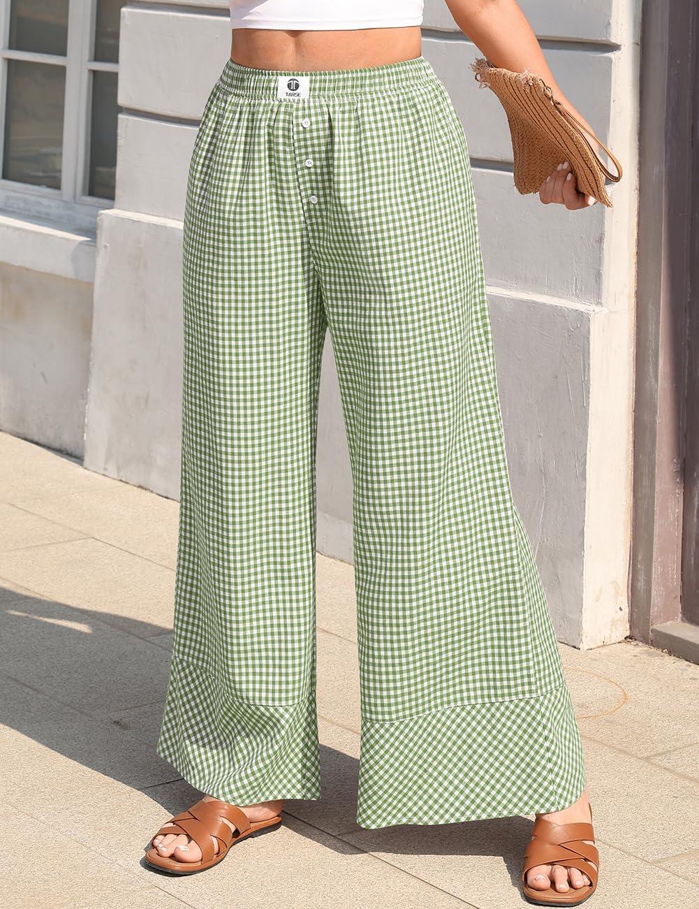 image:imageTARSE Womens Gingham Striped Linen Pants Wide Leg Casual Cute Pajama Lounge Bottoms Plaid Trousers with PocketsGreen White Plaid