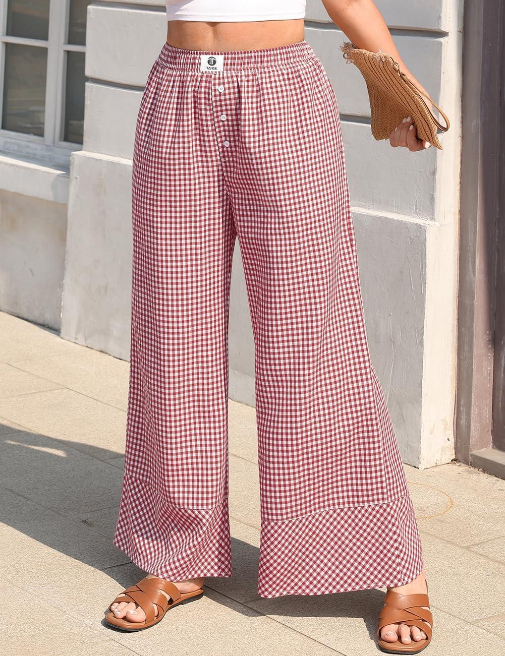 image:imageTARSE Womens Gingham Striped Linen Pants Wide Leg Casual Cute Pajama Lounge Bottoms Plaid Trousers with PocketsRed White Plaid