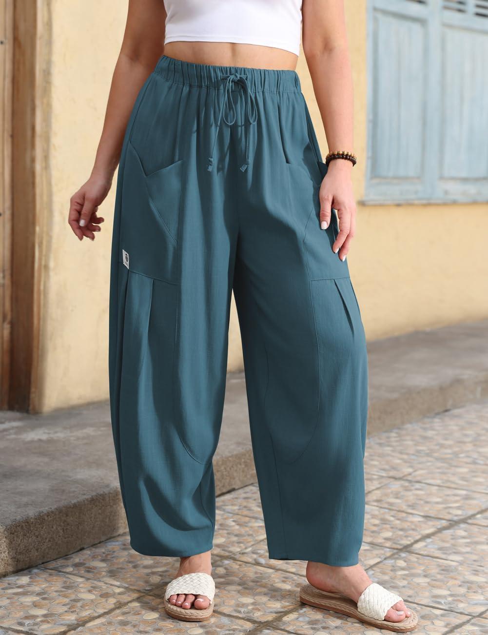 image:imageTARSE Womens Linen Harem Pants Elastic Waist Drawstring Loose Fit Baggy Casual Pants with PocketsLake Blue