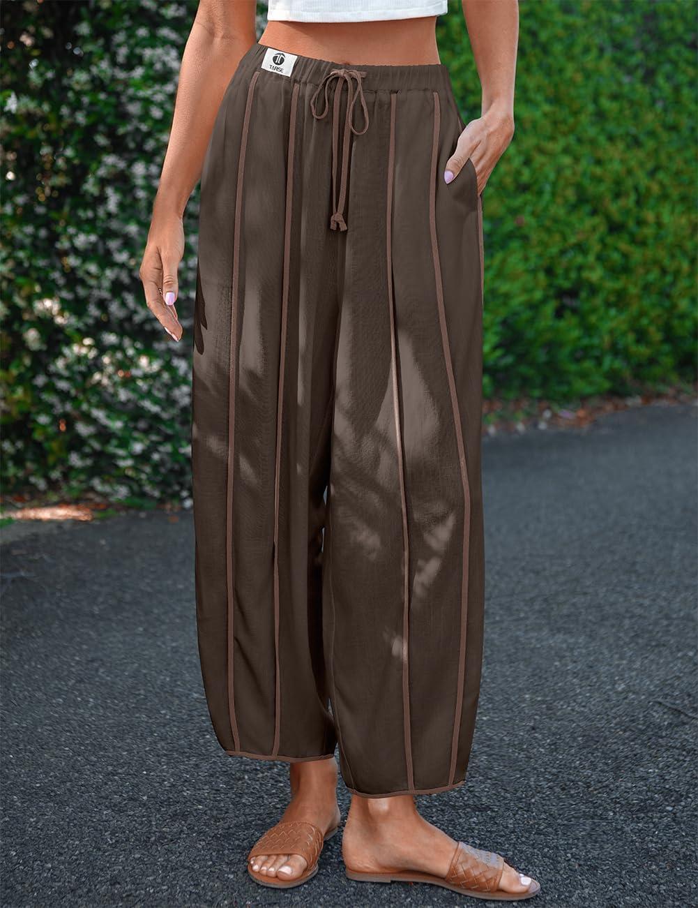 image:imageTARSE Womens Linen Harem Pants Loose Casual Wide Leg Summer Boho Beach Travel Vacation Palazzo Pants with PocketsDark Light Coffee Striped