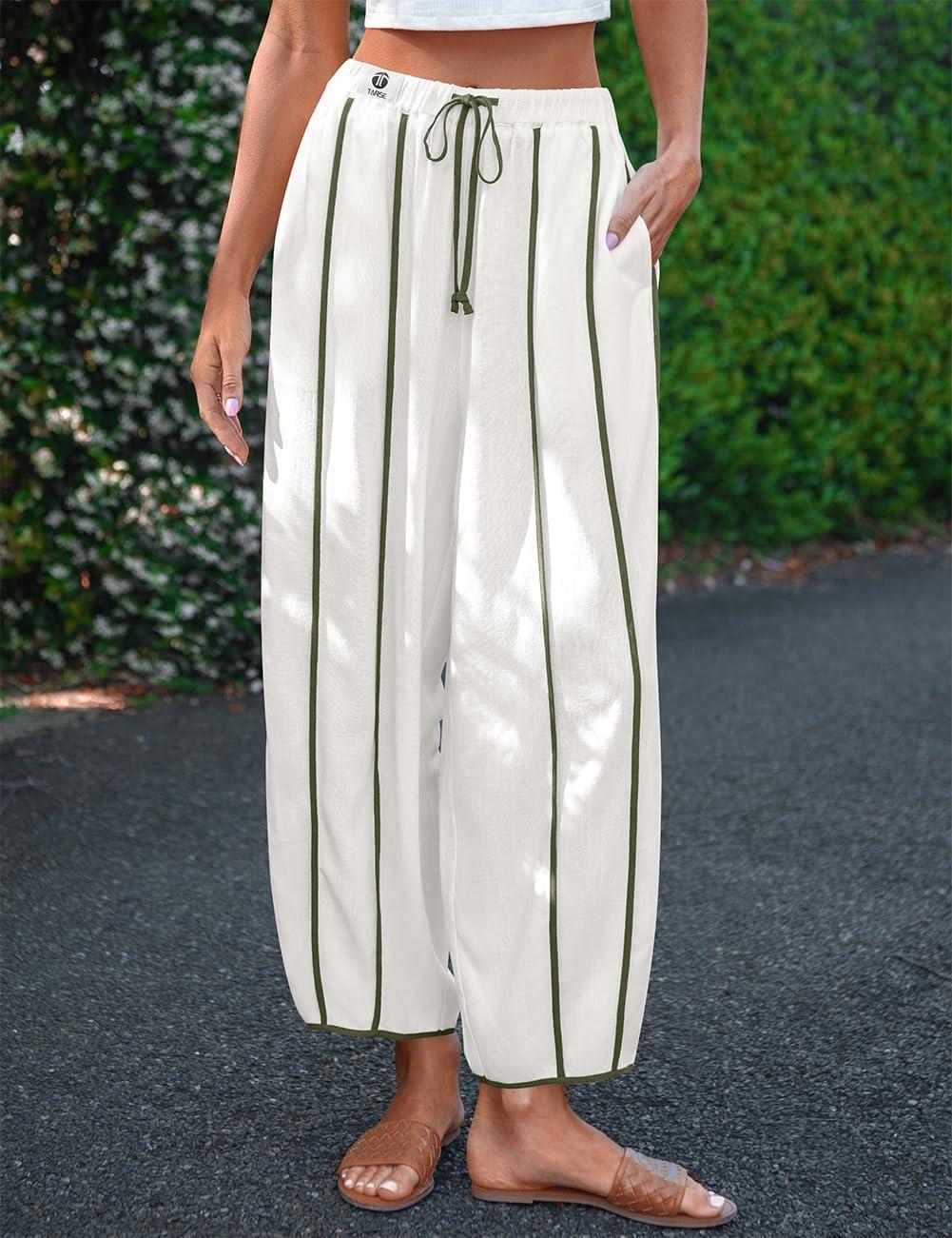 image:imageTARSE Womens Linen Harem Pants Loose Casual Wide Leg Summer Boho Beach Travel Vacation Palazzo Pants with PocketsWhite Green Striped