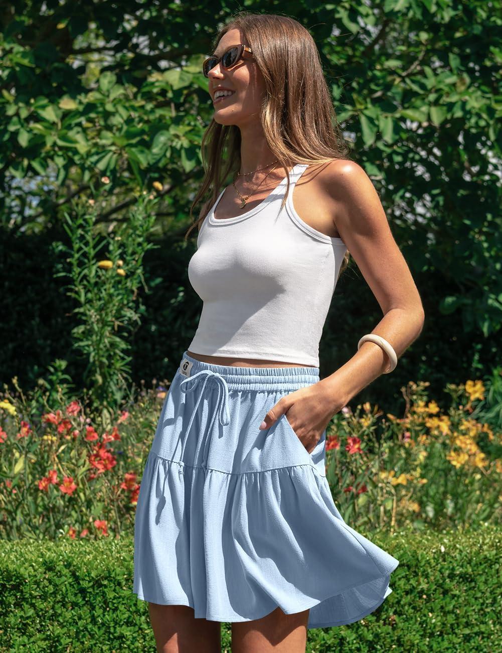image:imageTARSE Womens Linen Skirt Pants Wide Leg Flowy Shorts Drawstring Loose Fit Summer Casual Lightweight Comfy Vacation WearAqua Blue