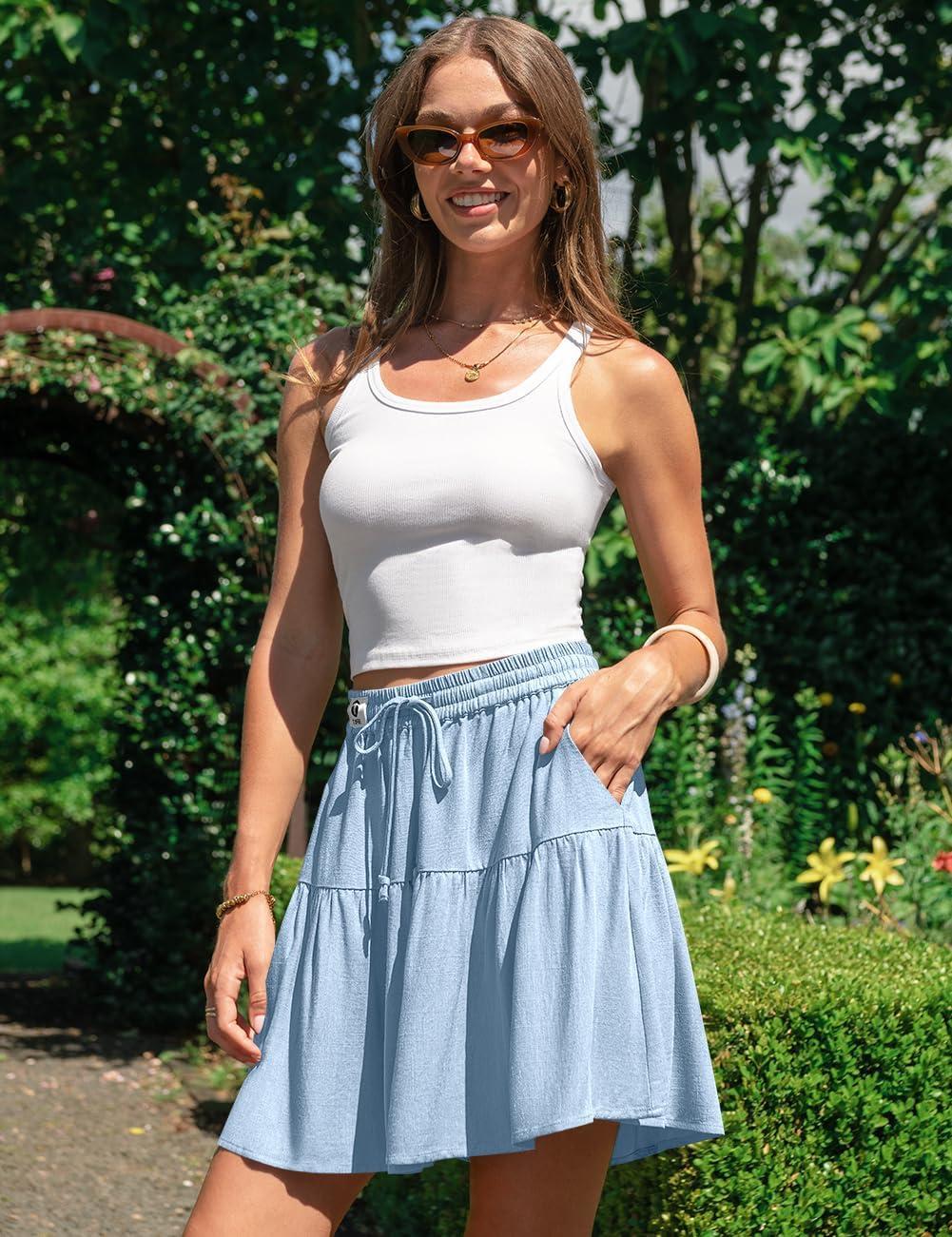 image:imageTARSE Womens Linen Skirt Pants Wide Leg Flowy Shorts Drawstring Loose Fit Summer Casual Lightweight Comfy Vacation WearAqua Blue