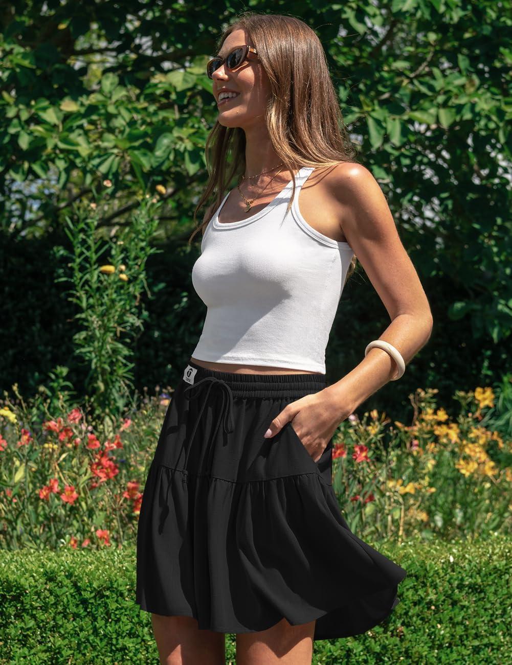 image:imageTARSE Womens Linen Skirt Pants Wide Leg Flowy Shorts Drawstring Loose Fit Summer Casual Lightweight Comfy Vacation WearBlack