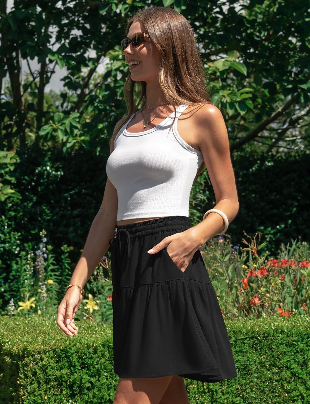 image:imageTARSE Womens Linen Skirt Pants Wide Leg Flowy Shorts Drawstring Loose Fit Summer Casual Lightweight Comfy Vacation WearBlack