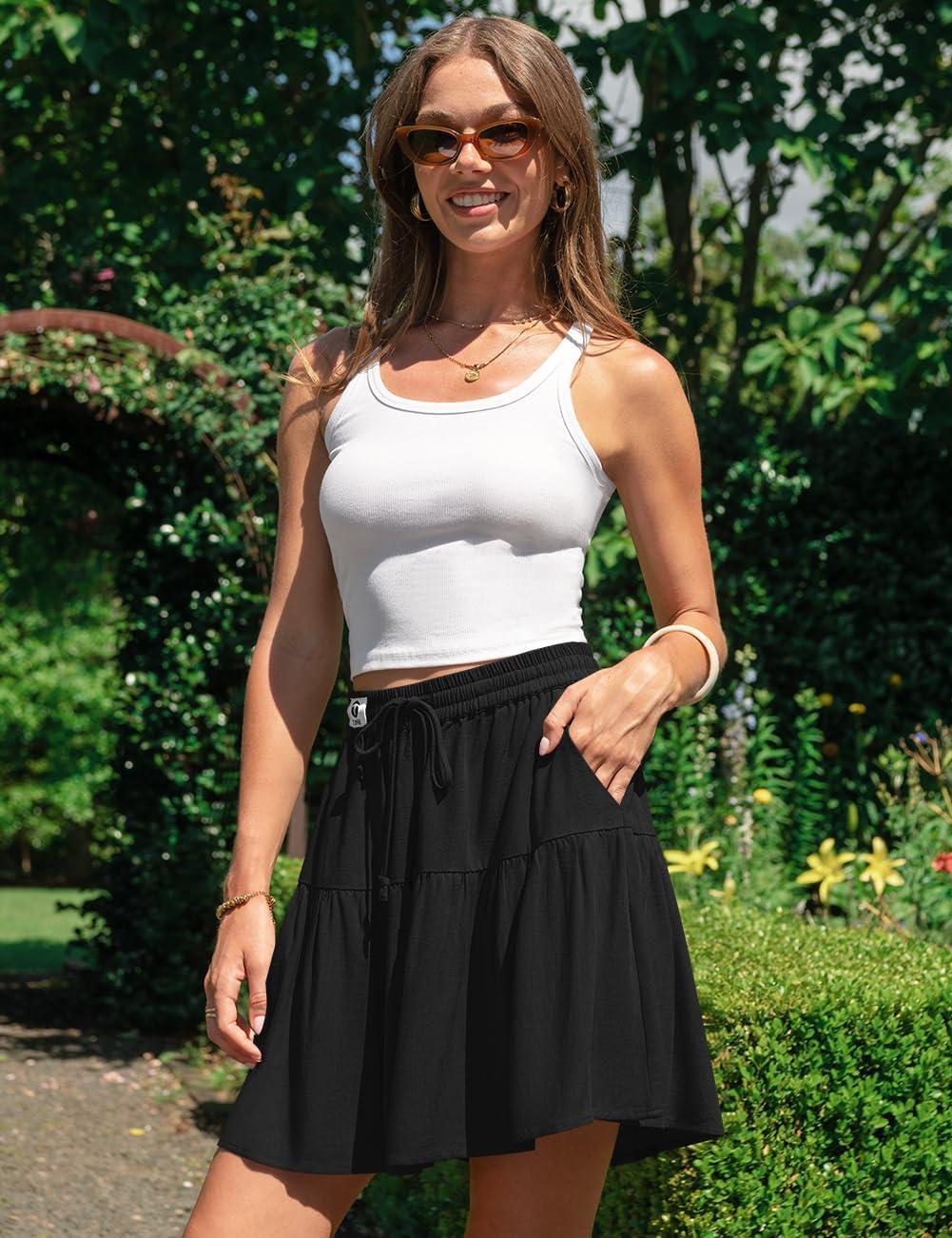 image:imageTARSE Womens Linen Skirt Pants Wide Leg Flowy Shorts Drawstring Loose Fit Summer Casual Lightweight Comfy Vacation WearBlack