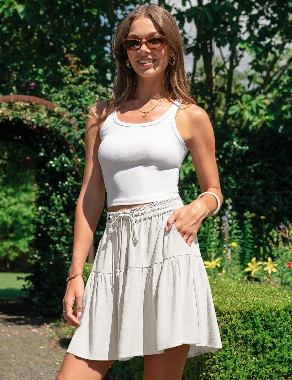 image:imageTARSE Womens Linen Skirt Pants Wide Leg Flowy Shorts Drawstring Loose Fit Summer Casual Lightweight Comfy Vacation WearMilky White