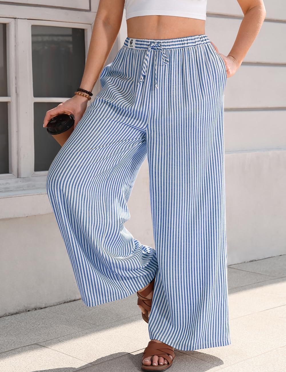 image:imageTARSE Womens Linen Striped Gingham Wide Leg Pants Palazzo Drawstring Lounge Pants Casual Trousers with PocketsBlue Striped