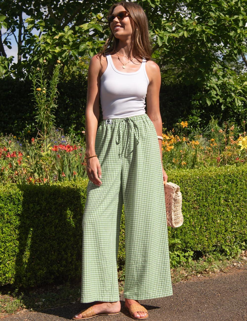 image:imageTARSE Womens Linen Striped Gingham Wide Leg Pants Palazzo Drawstring Lounge Pants Casual Trousers with PocketsGreenwhite Plaid