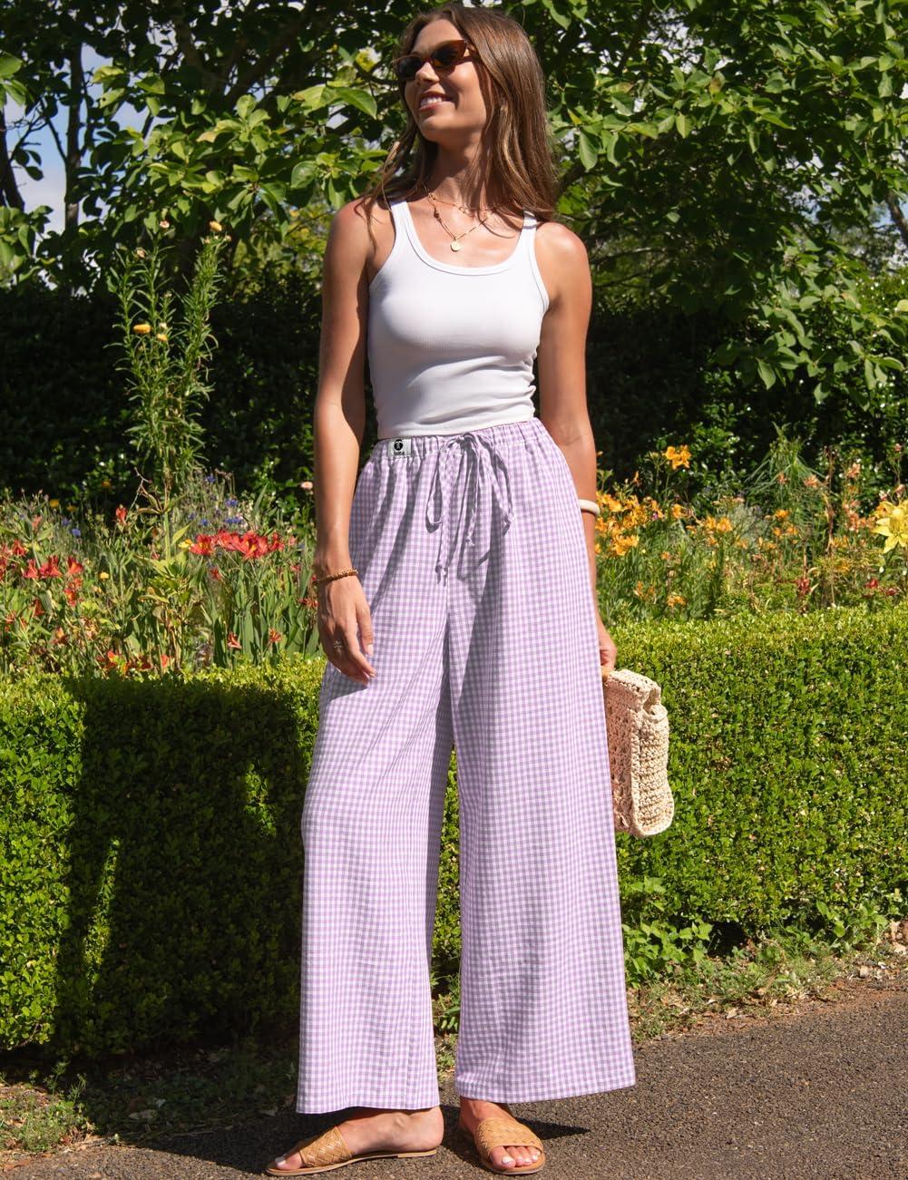 image:imageTARSE Womens Linen Striped Gingham Wide Leg Pants Palazzo Drawstring Lounge Pants Casual Trousers with PocketsPurplewhite Plaid
