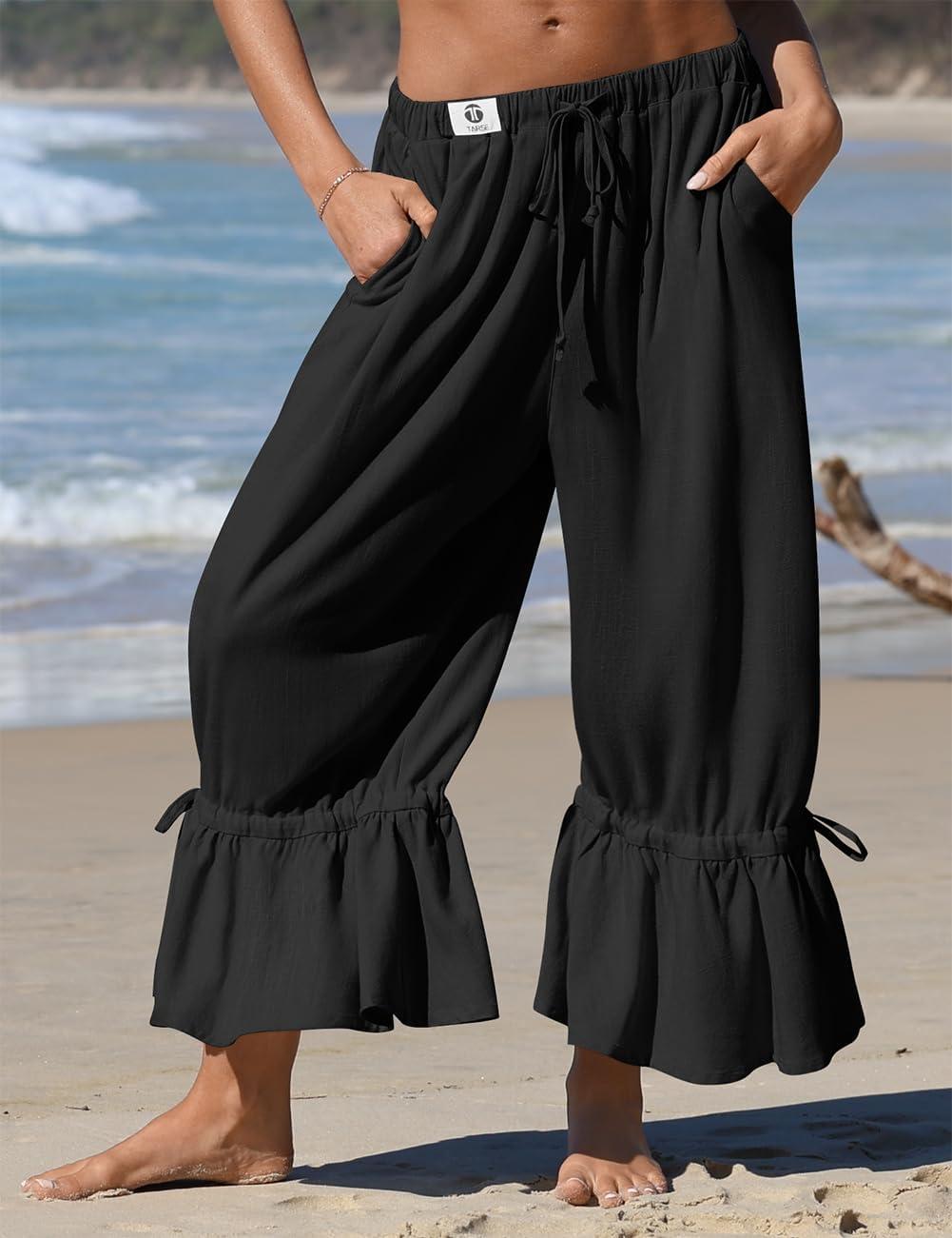 image:imageTARSE Womens Linen Wide Leg Pants Casual Cropped Ruffle with Ties Palazzo Flowy Drawstring Loose Cute Pants with PocketsBlack