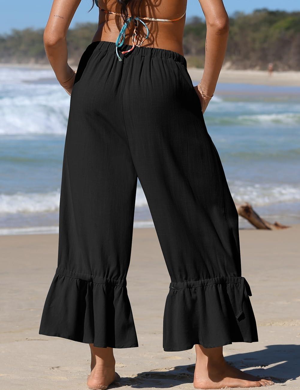 image:imageTARSE Womens Linen Wide Leg Pants Casual Cropped Ruffle with Ties Palazzo Flowy Drawstring Loose Cute Pants with PocketsBlack