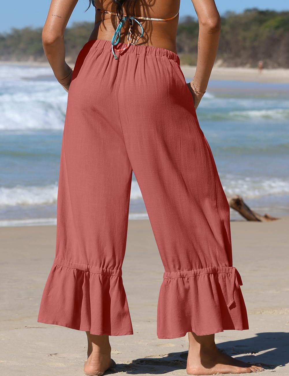 image:imageTARSE Womens Linen Wide Leg Pants Casual Cropped Ruffle with Ties Palazzo Flowy Drawstring Loose Cute Pants with PocketsRust Red