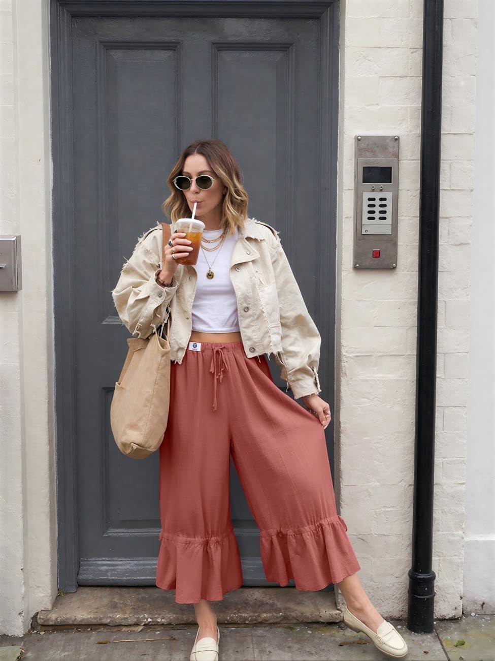 image:imageTARSE Womens Linen Wide Leg Pants Casual Cropped Ruffle with Ties Palazzo Flowy Drawstring Loose Cute Pants with PocketsRust Red