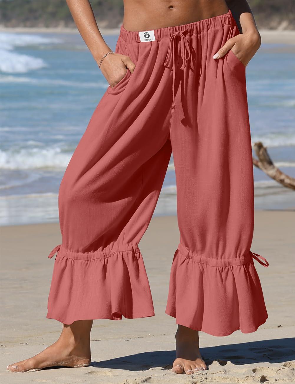 image:imageTARSE Womens Linen Wide Leg Pants Casual Cropped Ruffle with Ties Palazzo Flowy Drawstring Loose Cute Pants with PocketsRust Red