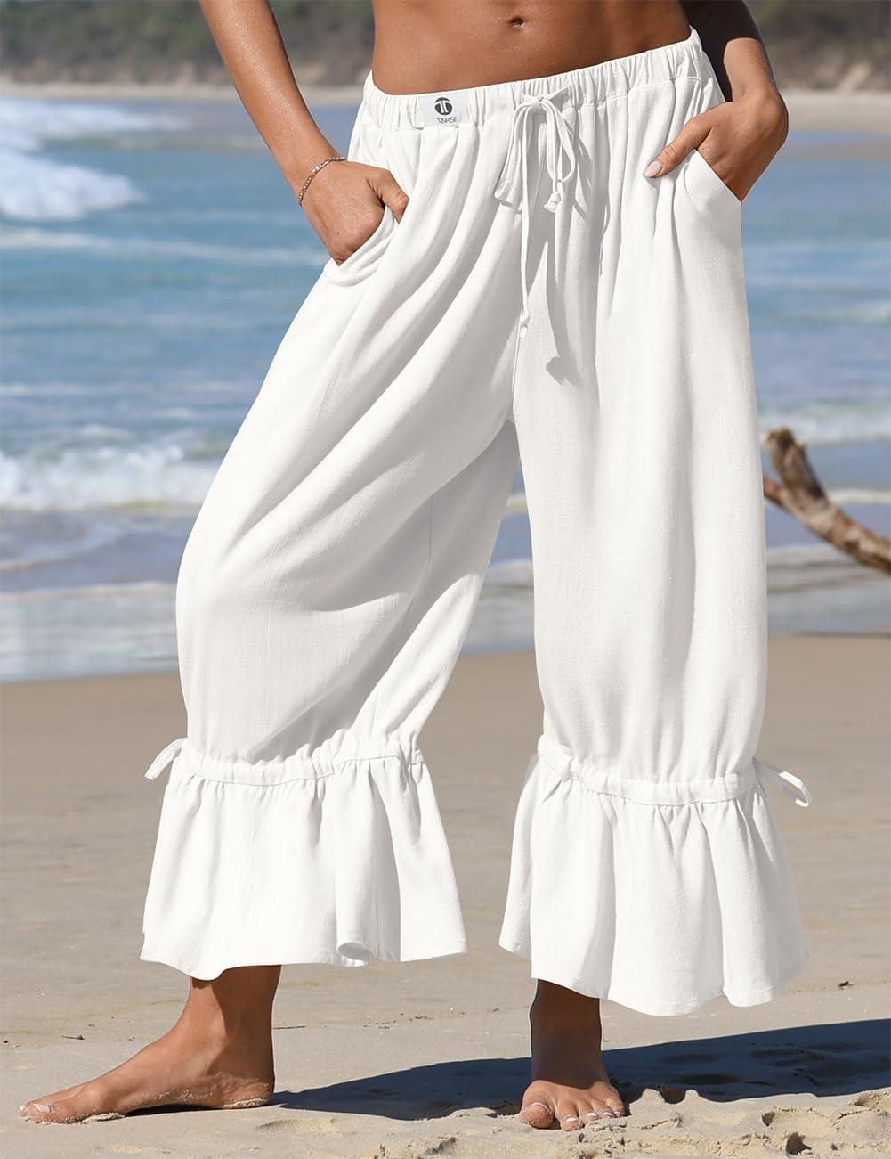 image:imageTARSE Womens Linen Wide Leg Pants Casual Cropped Ruffle with Ties Palazzo Flowy Drawstring Loose Cute Pants with PocketsWhite
