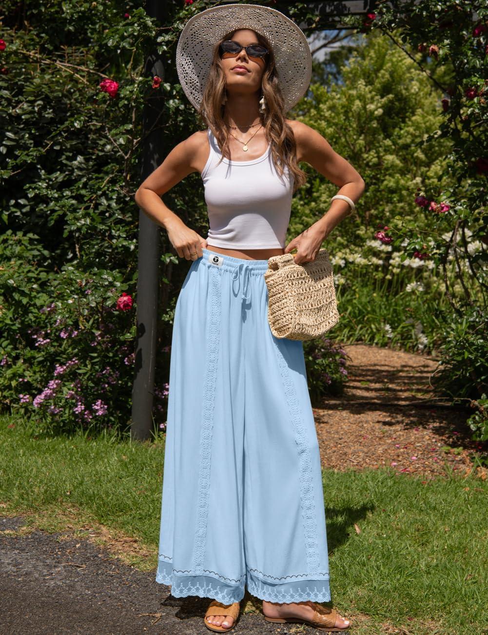 image:imageTARSE Womens Linen Wide Leg Pants Loose Boho Lounge Beach Vacation Flowy Lace Summer Pants with PocketAuqa Blue