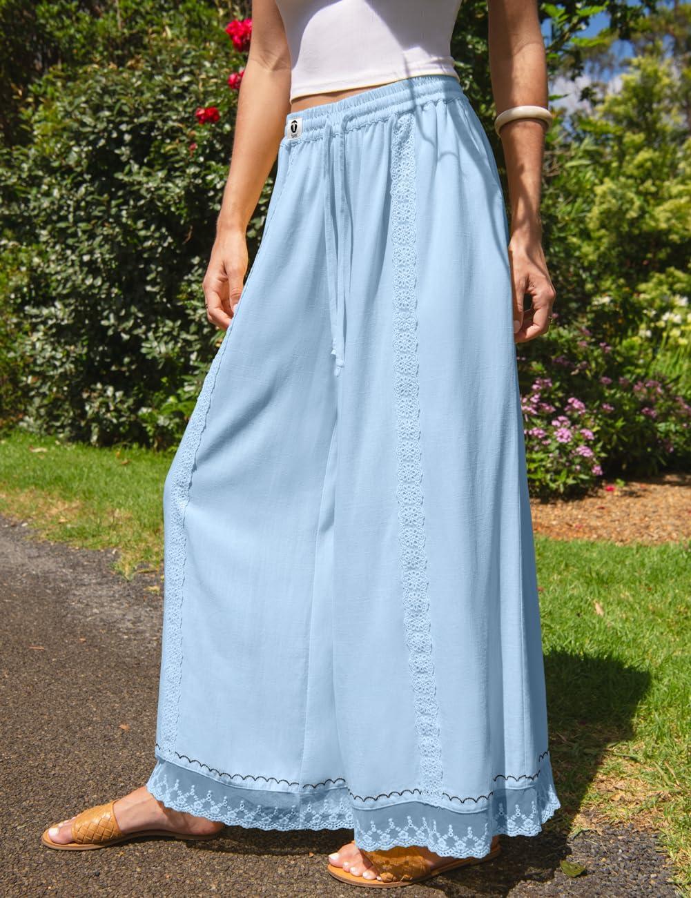 image:imageTARSE Womens Linen Wide Leg Pants Loose Boho Lounge Beach Vacation Flowy Lace Summer Pants with PocketAuqa Blue