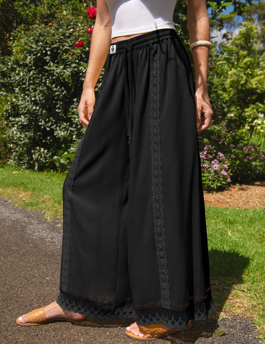 image:imageTARSE Womens Linen Wide Leg Pants Loose Boho Lounge Beach Vacation Flowy Lace Summer Pants with PocketBlack