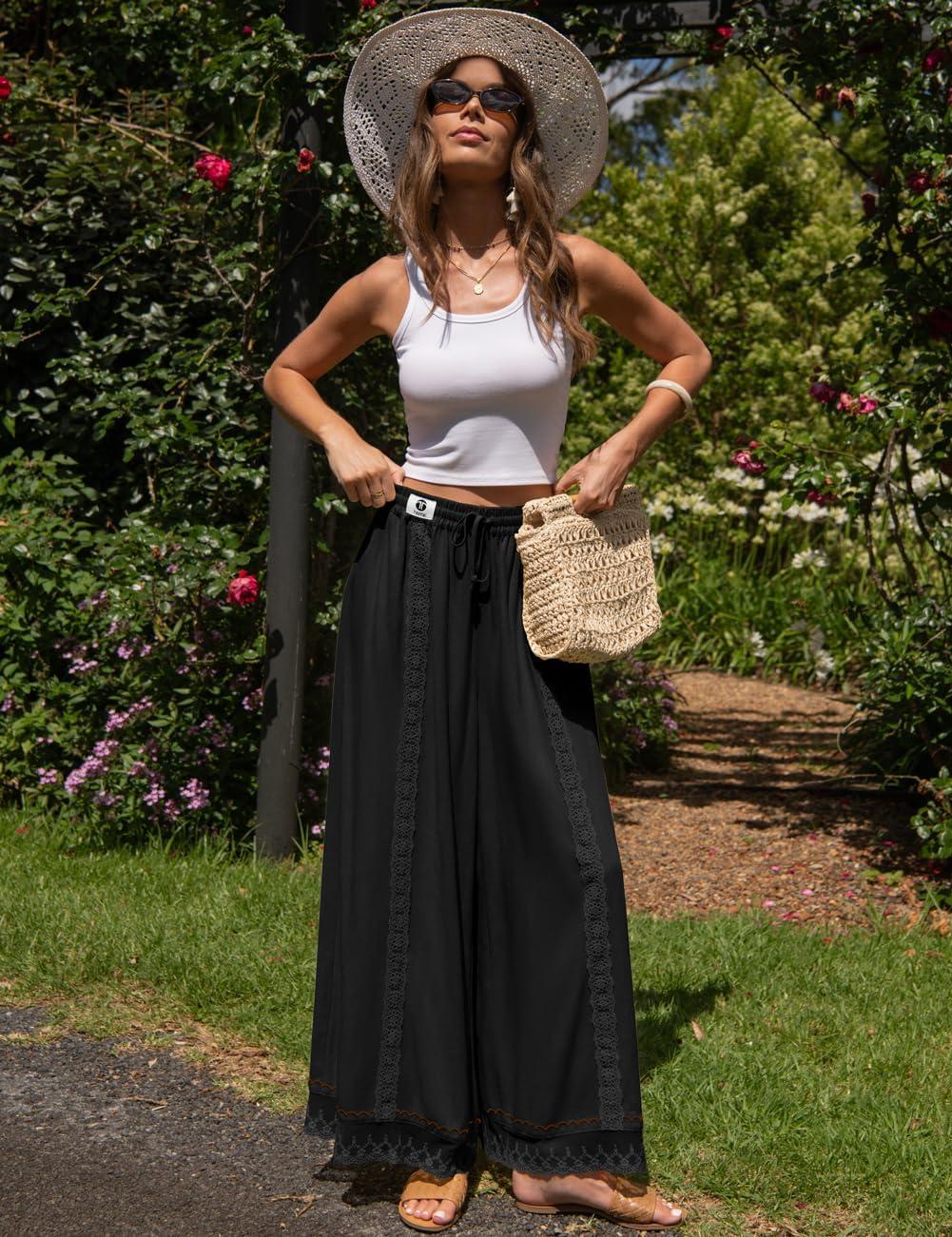 image:imageTARSE Womens Linen Wide Leg Pants Loose Boho Lounge Beach Vacation Flowy Lace Summer Pants with PocketBlack