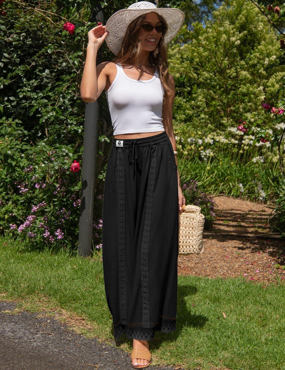 image:imageTARSE Womens Linen Wide Leg Pants Loose Boho Lounge Beach Vacation Flowy Lace Summer Pants with PocketBlack