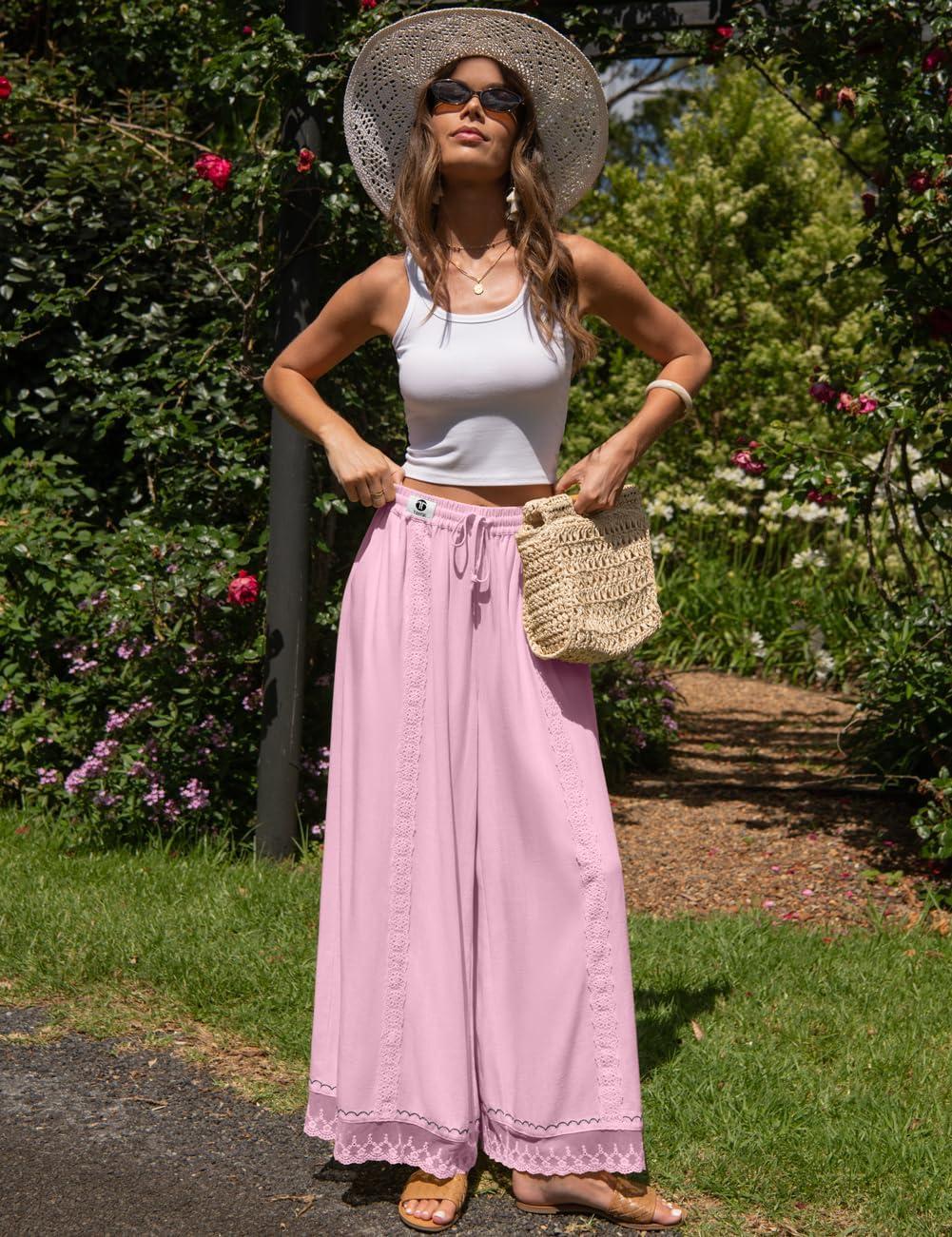 image:imageTARSE Womens Linen Wide Leg Pants Loose Boho Lounge Beach Vacation Flowy Lace Summer Pants with PocketPeach Pink