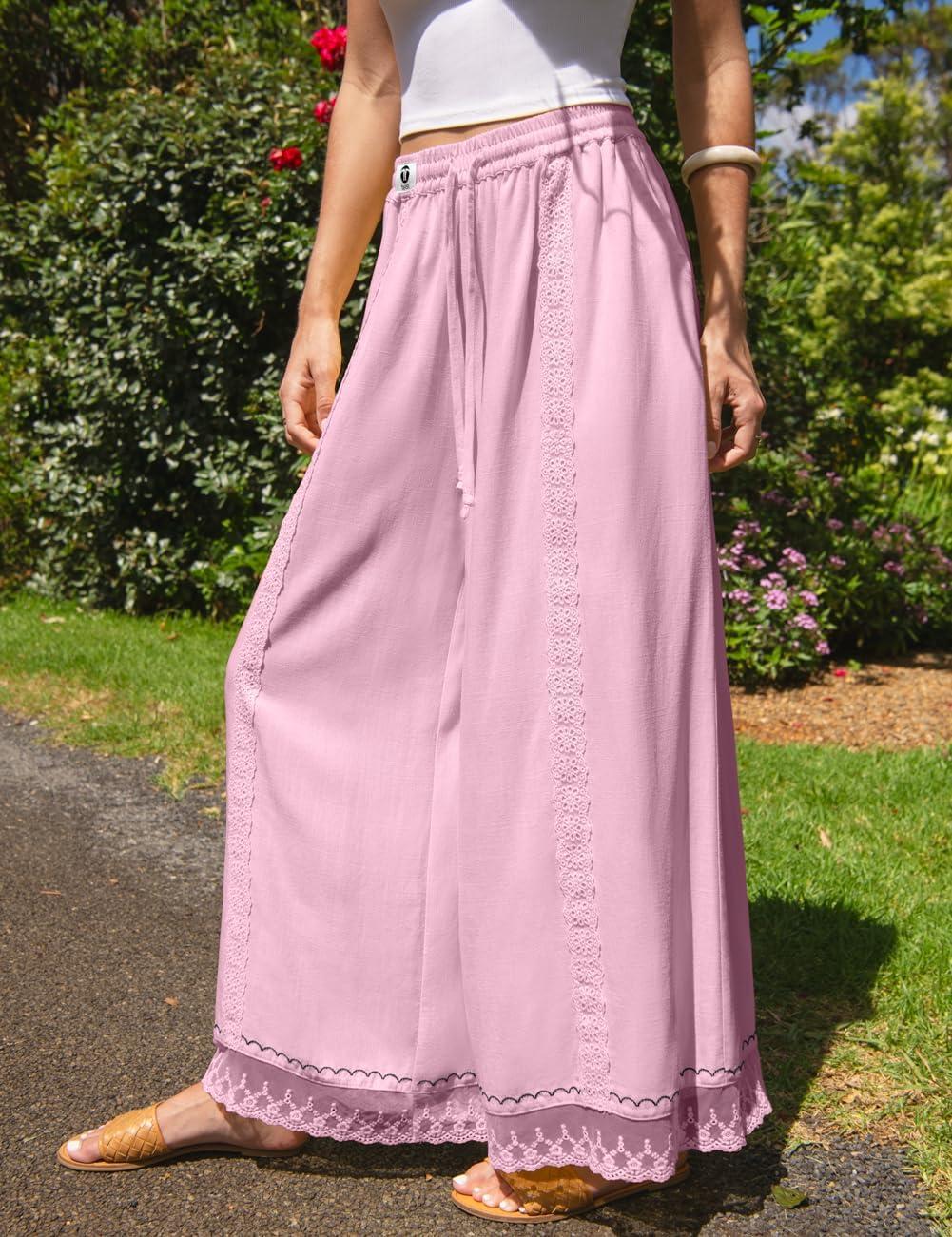image:imageTARSE Womens Linen Wide Leg Pants Loose Boho Lounge Beach Vacation Flowy Lace Summer Pants with PocketPeach Pink