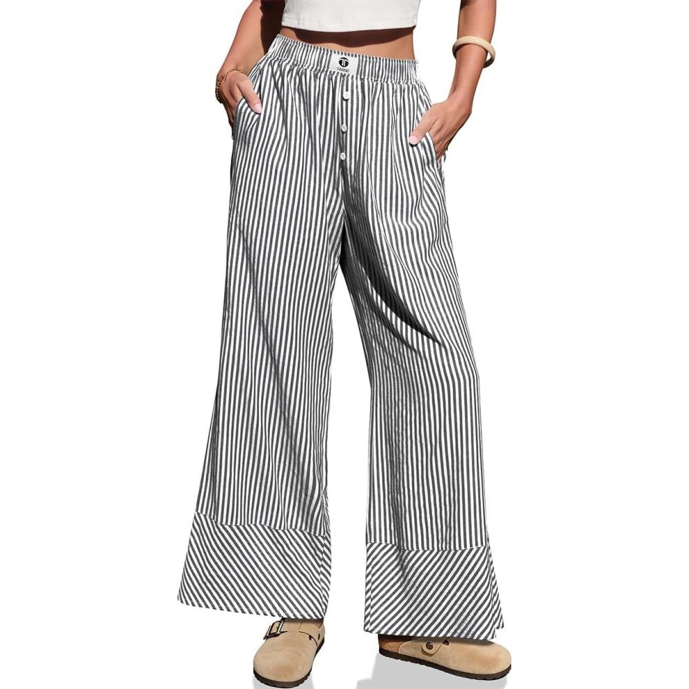 image:imageTARSE Womens Gingham Striped Linen Pants Wide Leg Casual Cute Pajama Lounge Bottoms Plaid Trousers with PocketsBlack White Striped