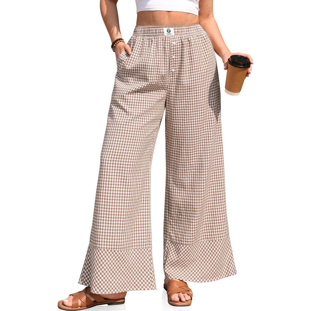 image:imageTARSE Womens Gingham Striped Linen Pants Wide Leg Casual Cute Pajama Lounge Bottoms Plaid Trousers with PocketsCoffee White Plaid