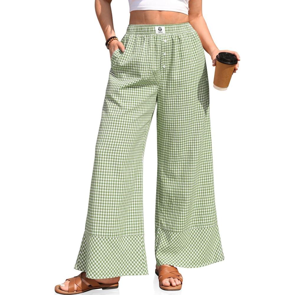 image:imageTARSE Womens Gingham Striped Linen Pants Wide Leg Casual Cute Pajama Lounge Bottoms Plaid Trousers with PocketsGreen White Plaid