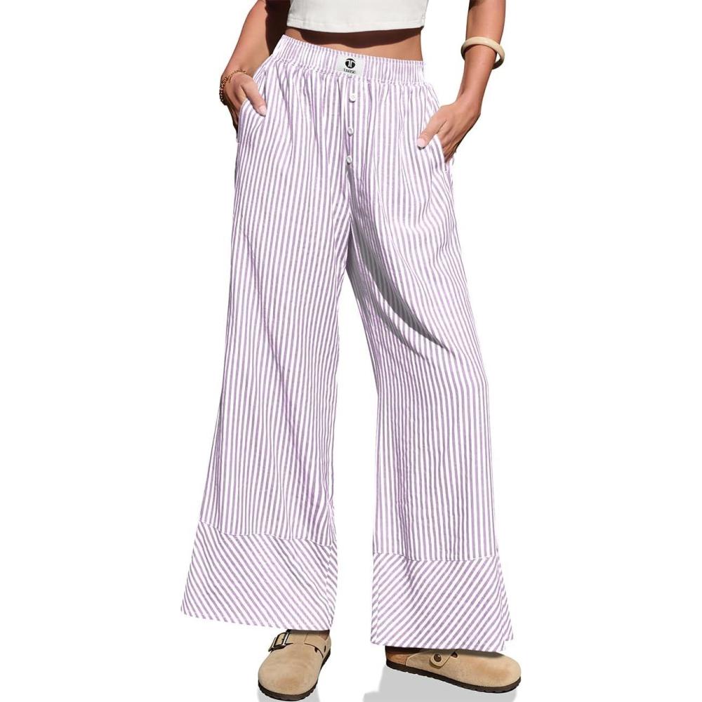 image:imageTARSE Womens Gingham Striped Linen Pants Wide Leg Casual Cute Pajama Lounge Bottoms Plaid Trousers with PocketsPurple White Striped