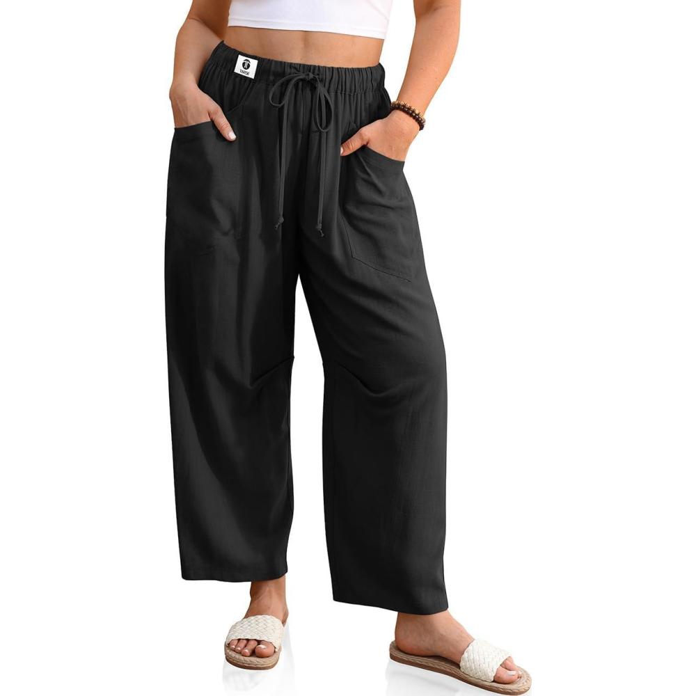 image:imageTARSE Womens Linen Baggy Harem Pants Wide Leg Lounge Drawstring Barrel Pants Casual Beach Trousers with PocketsBlack