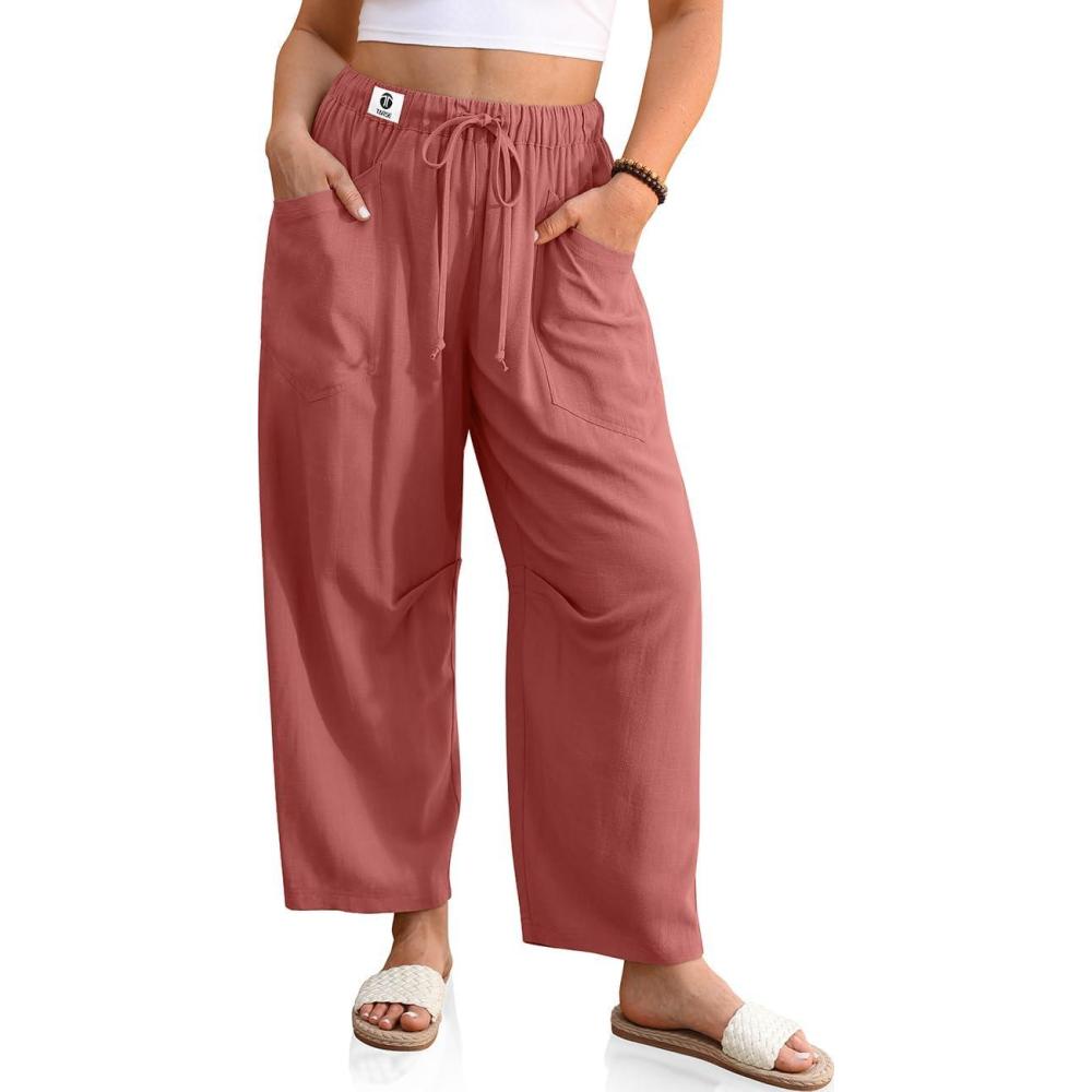 image:imageTARSE Womens Linen Baggy Harem Pants Wide Leg Lounge Drawstring Barrel Pants Casual Beach Trousers with PocketsRust Red