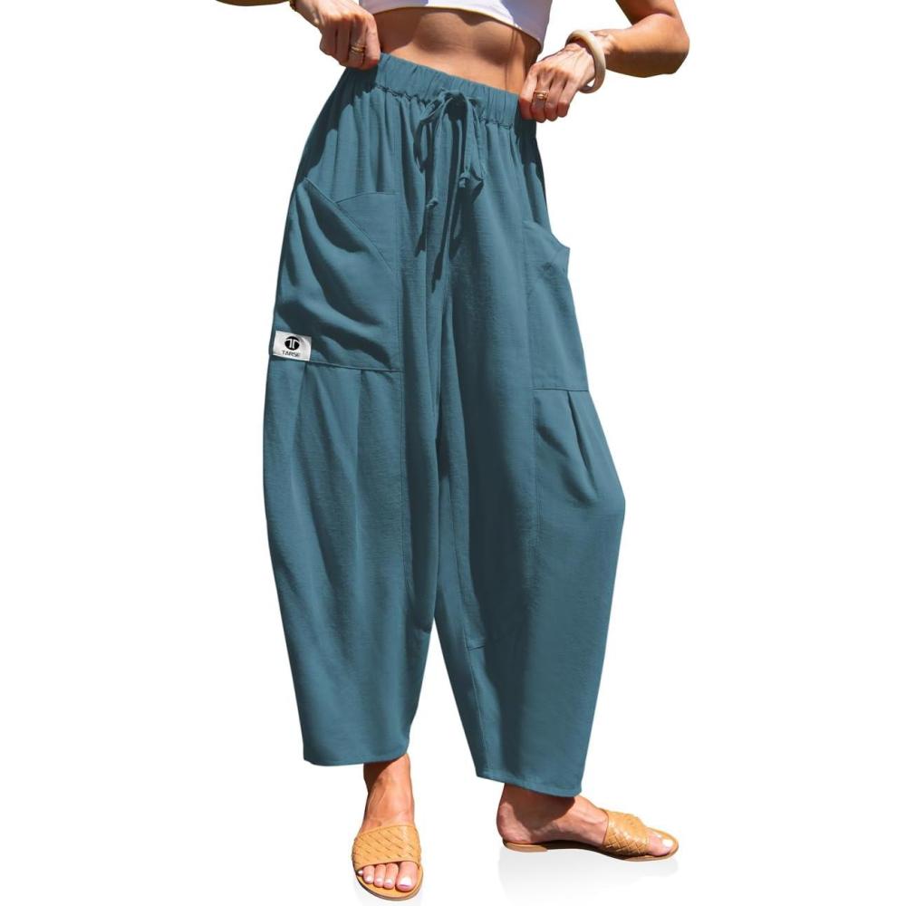 image:imageTARSE Womens Linen Harem Pants Elastic Waist Drawstring Loose Fit Baggy Casual Pants with PocketsLake Blue